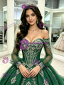 Green Tulle Long Sleeve Appliques Quinceanera Dress