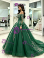 Green Tulle Long Sleeve Appliques Quinceanera Dress
