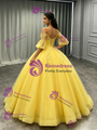 Yellow Tulle Straps Puff Sleeve Appliques Quinceanera Dress