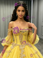 Yellow Tulle Straps Puff Sleeve Appliques Quinceanera Dress