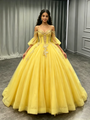 Yellow Tulle Straps Puff Sleeve Appliques Quinceanera Dress