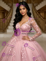 Pink Tulle Long Sleeve Appliques Quinceanera Dress