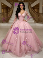 Pink Tulle Long Sleeve Appliques Quinceanera Dress
