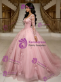 Pink Tulle Long Sleeve Appliques Quinceanera Dress