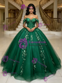 Green Tulle Off the Shoulder Appliques Quinceanera Dress