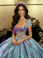 Blue Square Neck Puff Sleeve Quinceanera Dress