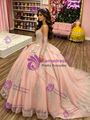 Pink Tulle  Long Sleeve Appliques Quinceanera Dress