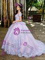Purple Tulle Puff Sleeve Appliques Quinceanera Dress