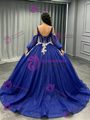 Blue Tulle Long Sleeve Appliques Quinceanera Dress
