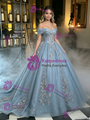 Blue Tulle Off the Shoulder Appliques Quinceanera Dress