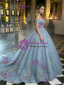 Blue Tulle Off the Shoulder Appliques Quinceanera Dress
