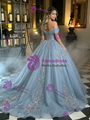 Blue Tulle Off the Shoulder Appliques Quinceanera Dress