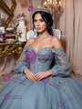Blue Tulle Long Sleeve Appliques Quinceanera Dress