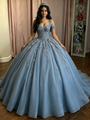 Blue Tulle Straps Appliques Quinceanera Dress
