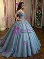 Blue Tulle Straps Appliques Quinceanera Dress