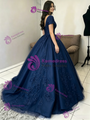 Navy Blue Tulle Off the Shoulder Appliques Quinceanera Dress