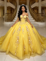Yellow Tulle Off the Shoulder Appliques Quinceanera Dress