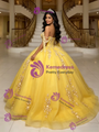 Yellow Tulle Off the Shoulder Appliques Quinceanera Dress