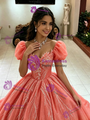 Watermelon Tulle Puff Sleeve Quinceanera Dress