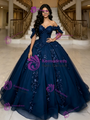 Navy Blue Tulle Off the Shoulder Appliques Quinceanera Dress
