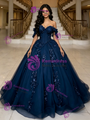 Navy Blue Tulle Off the Shoulder Appliques Quinceanera Dress