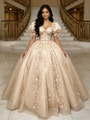 Champagne Tulle Puff Sleeve Appliques Quinceanera Dress