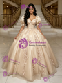 Champagne Tulle Puff Sleeve Appliques Quinceanera Dress