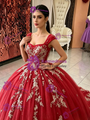 Red Tulle Square Neck Appliques Quinceanera Dress