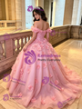 Pink Tulle Off the Shoulder 3D Flower Quinceanera Dress