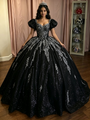Black Sequins Puff Sleeve Appliques Quinceanera Dress