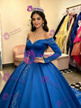 Blue Satin Long Sleeve Appliques Quinceanera Dress