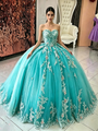 Blue Tulle Strapless Appliques Quinceanera Dress