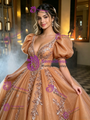 Brown Tulle Puff Sleeve Appliques Quinceanera Dress