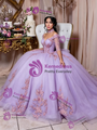 Purple Tulle Short Sleeve Appliques Quinceanera Dress