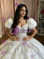 White Tulle Puff Sleeve Sequins Quinceanera Dress