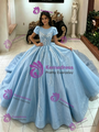Light Blue Short Sleeve Tulle Quinceanera Dress