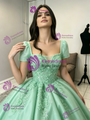 Green Tulle Short Sleeve Square Neck Appliques Quinceanera Dress