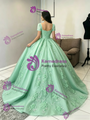 Green Tulle Short Sleeve Square Neck Appliques Quinceanera Dress