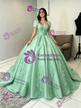 Green Tulle Short Sleeve Square Neck Appliques Quinceanera Dress