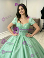 Green Tulle Short Sleeve Square Neck Appliques Quinceanera Dress