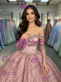 Pink Sequins Long Sleeve Quinceanera Dress