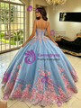 Blue Tulle Spaghetti Straps Appliques Quinceanera Dress