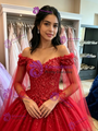 Red Tulle Off the Shoulder Appliques Quinceanera Dress