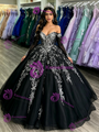 Black Tulle Long Sleeve Appliques Quinceanera Dress