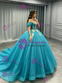 Blue Tulle Sequins Appliques Quinceanera Dress