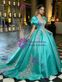 Blue Satin Puff Sleeve Appliques Quinceanera Dress