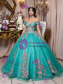 Blue Tulle Off the Shoulder Appliques Quinceanera Dress