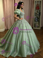 Green Tulle Puff Sleeve Appliques Quinceanera Dress