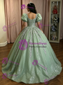 Green Tulle Puff Sleeve Appliques Quinceanera Dress