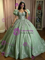 Green Tulle Puff Sleeve Appliques Quinceanera Dress